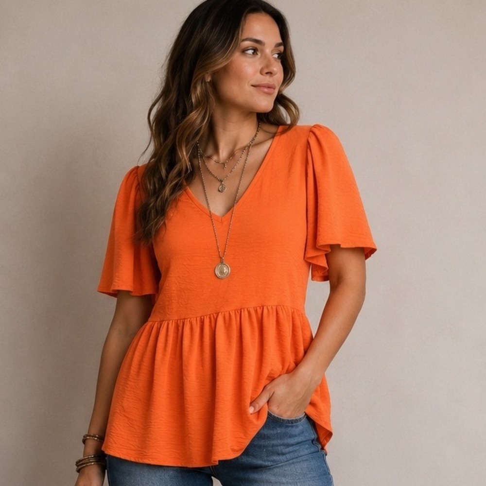 Entro Peplum Top Small Orange V-Neck Flutter Sleeve Textured Ruffle Blouse